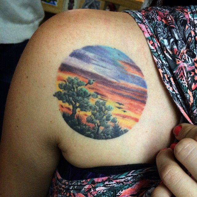 Colorful Beach Scenery Tattoo On Left Back Shoulder