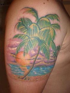 Colorful Beach Scenery Tattoo On Man Right Half Sleeve