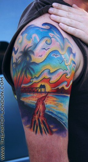 Colorful Beach Scenery Tattoo On Right Half Sleeve