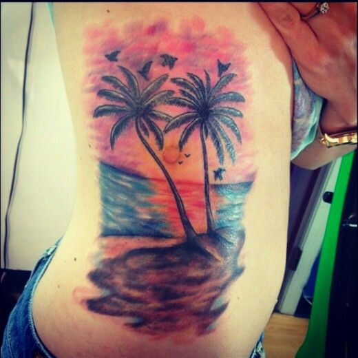 Colorful Beach Scenery Tattoo On side Rib