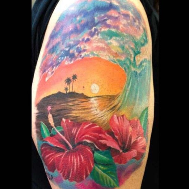 Colorful Beach With Flowers Scenery Tattoo Design For Half Sleeve
