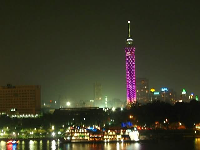 Colorful Cairo Tower Shining At Night