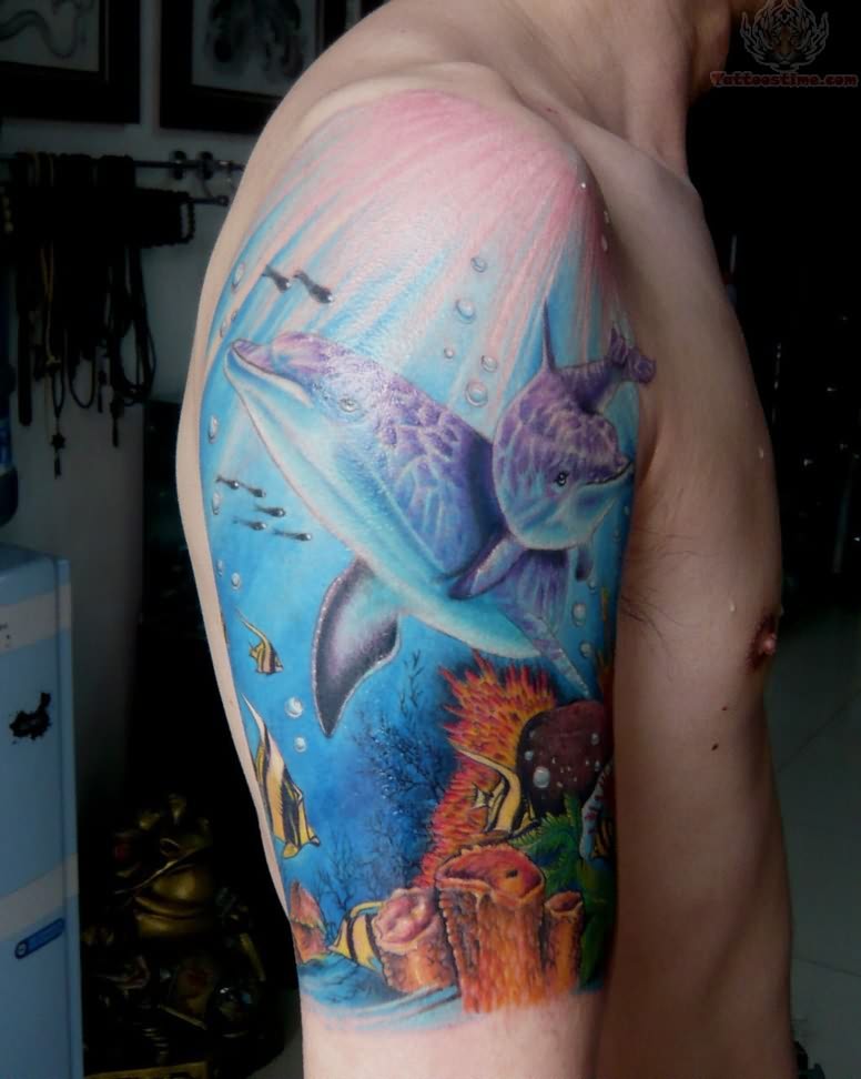 Colorful Dolphin Tattoo On Man Right Half Sleeve