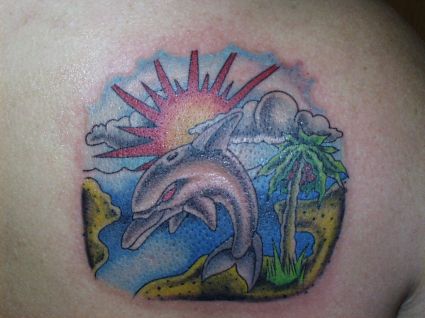 Colorful Dolphin Tattoo On Right Back Shoulder