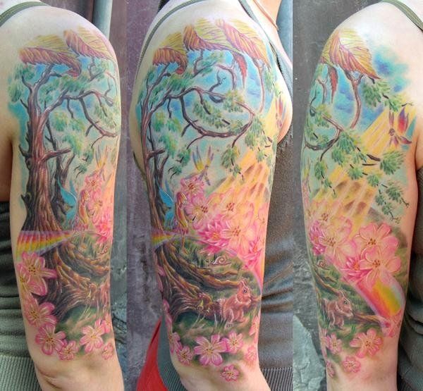 Colorful Forest Scenery Tattoo On Man Right Half Sleeve