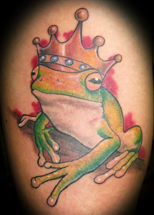 Colorful Frog With King Crown Tattoo Design