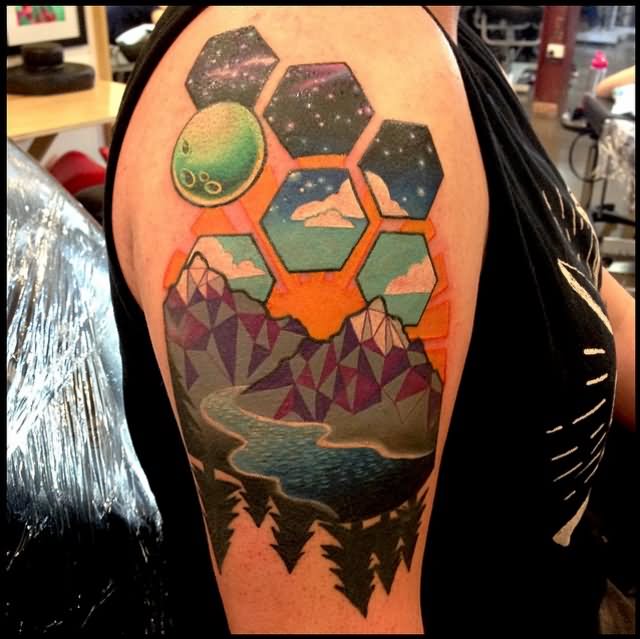 Colorful Geometric Scenery Tattoo On Right Half Sleeve