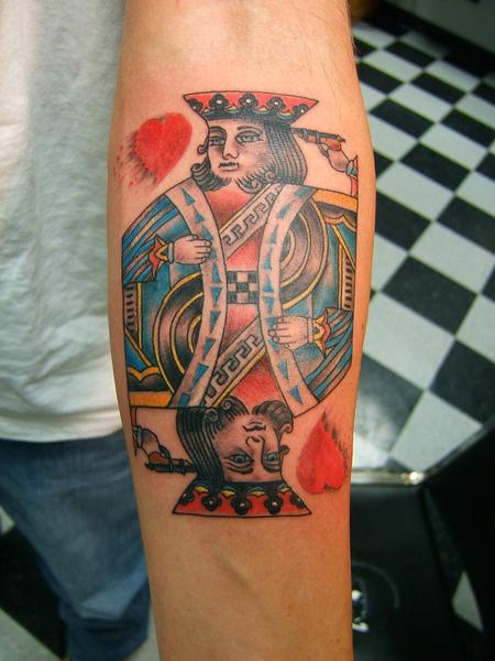 Colorful King Of Hearts Tattoo Design For Forearm