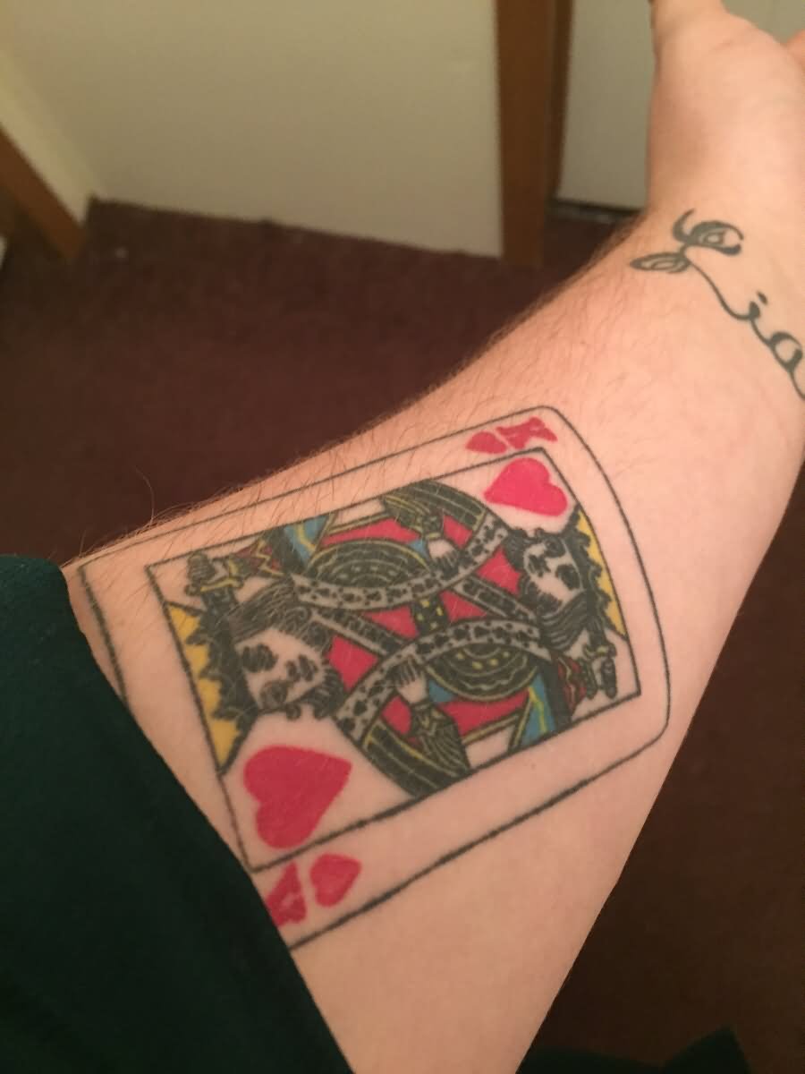 Colorful King Of Hearts Tattoo On Left Forearm
