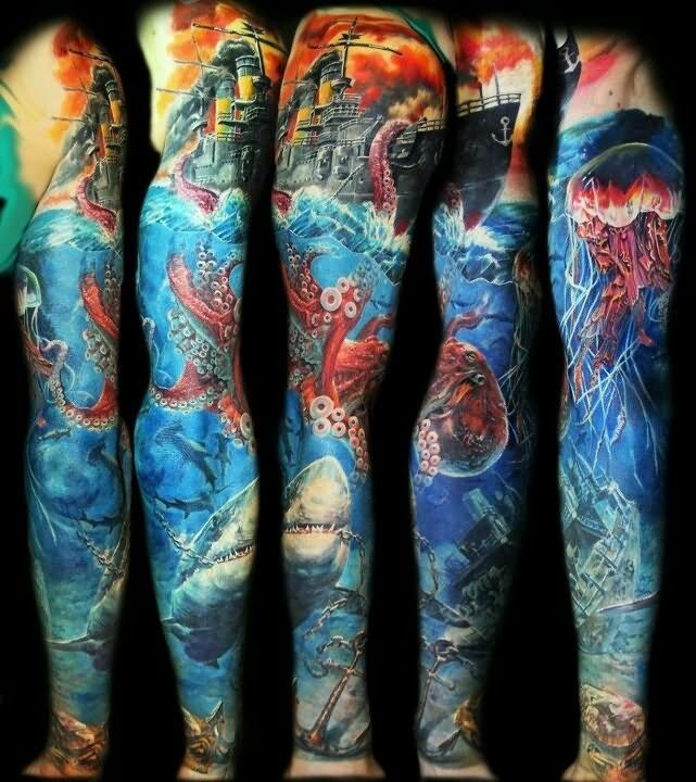 Colorful Ocean Scenery Tattoo On Full Sleeve