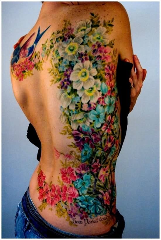 Colorful Orchid Flowers Tattoos On Side Rib
