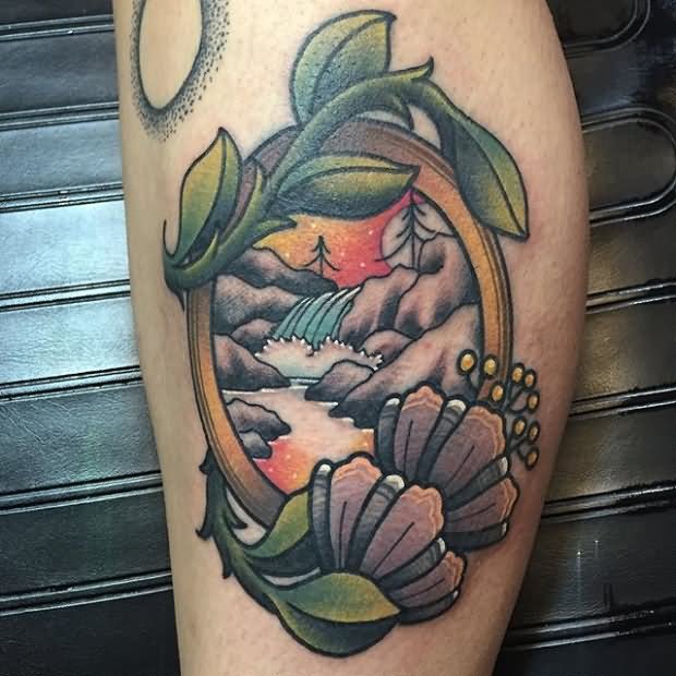 Colorful Scenery In Frame Tattoo Design For Sleeve By Kevin Ray