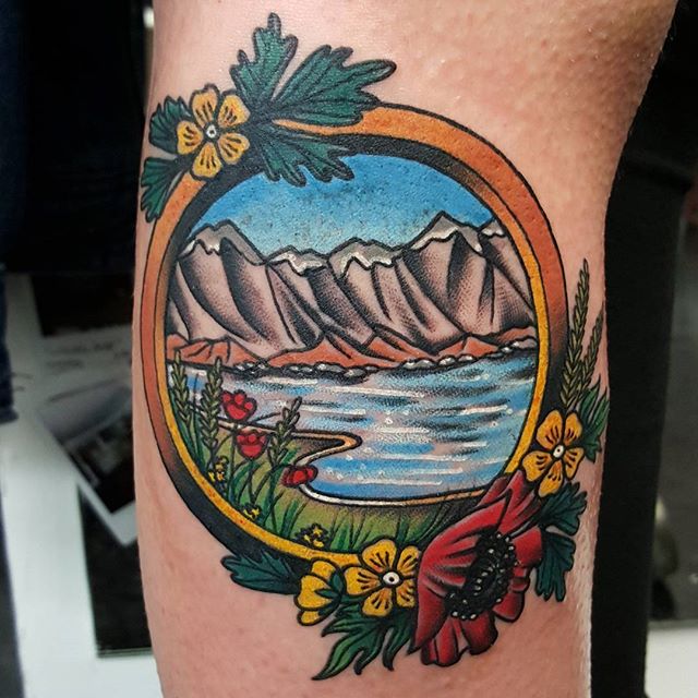 Colorful Scenery In Frame Tattoo Design