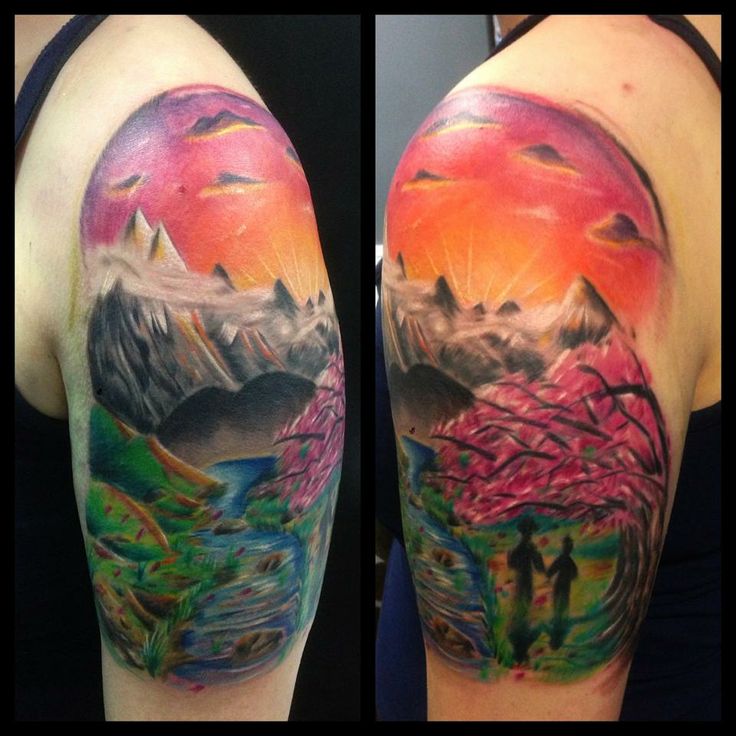 Colorful Scenery Tattoo Design For Shoulder