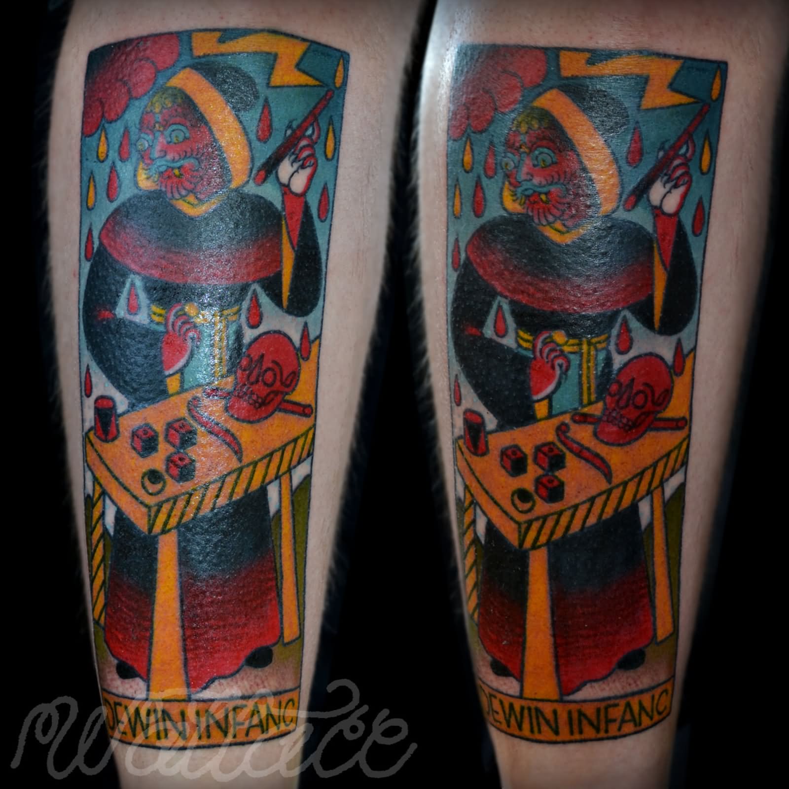 Colorful Traditional Wizard Tattoo On Leg