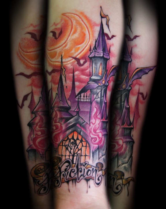 Colorful Wizard And Castle Tattoo Design
