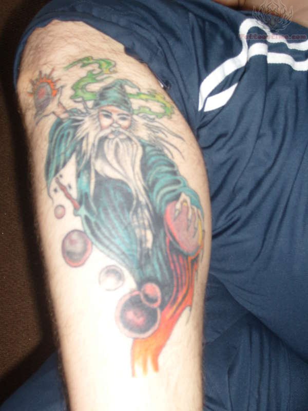 Colorful Wizard Tattoo On Left Leg
