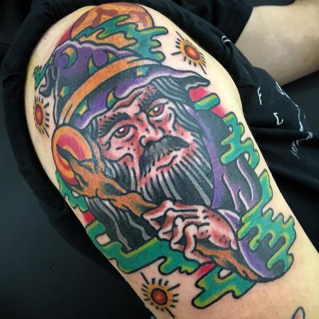 Colorful Wizard Tattoo On Right Shoulder