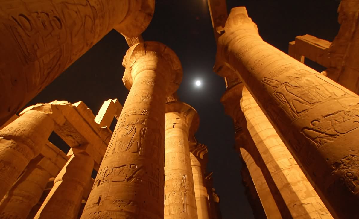 Columns At Luxor Temple View From Below At Night