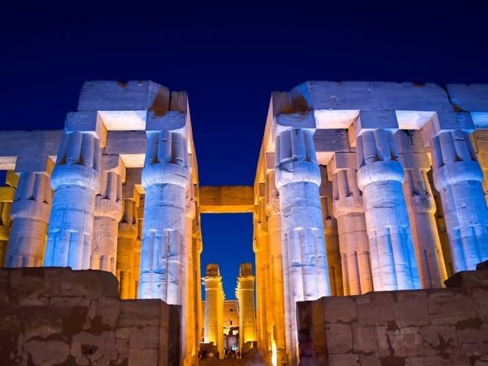 Columns Inside Luxor Temple, Egypt At Night