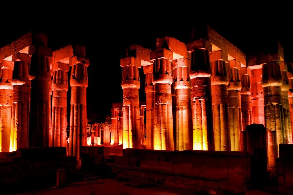 Columns Inside The Luxor Temple Lit Up At Night