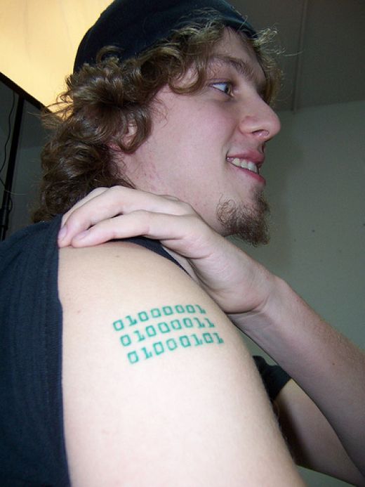 Computer Binary Codes Geek Tattoo On Right Shoulder
