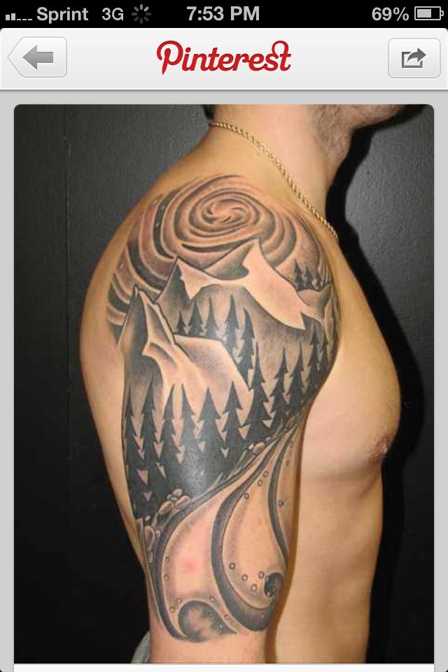 Cool Black And Grey Scenery Tattoo On Man Right Half Sleeve