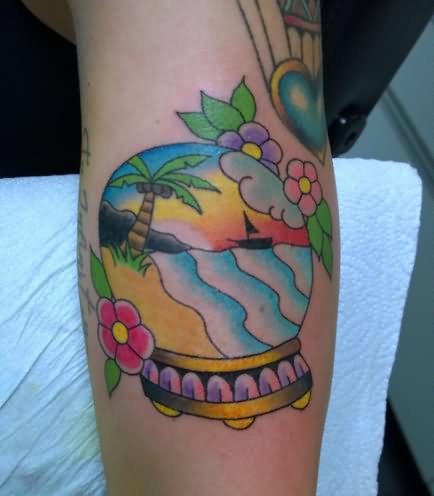 Cool Colorful Beach Scenery Tattoo Design