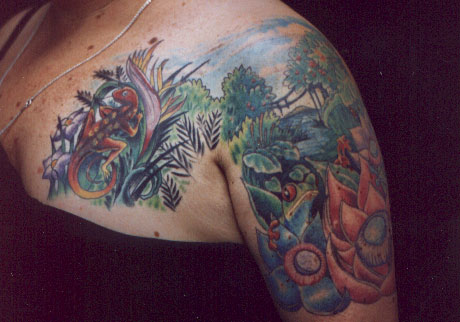 Cool Colorful Scenery Tattoo Design For Shoulder