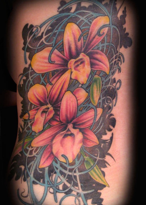 Cool Side Rib Orchid Tattoo For Men