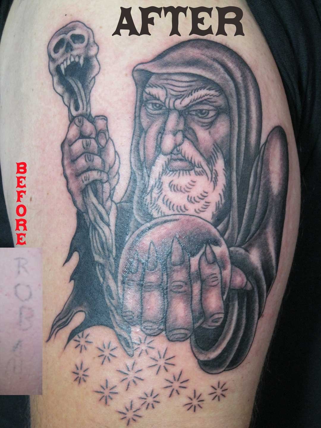 Cover Up Wizard Tattoo On Left Half Sleeve