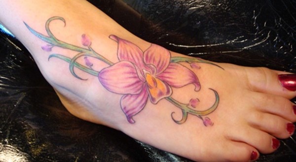 Cute Orchid Tattoo On Girl Right Foot