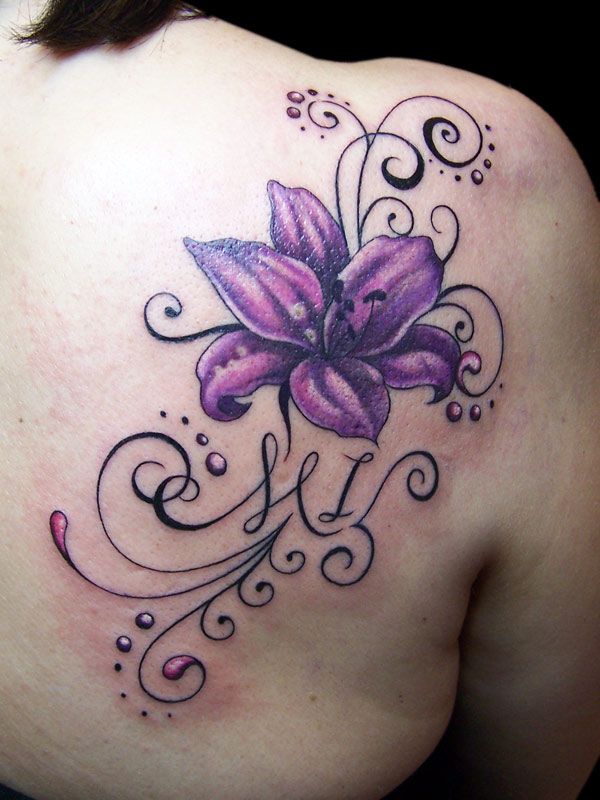 Dark Blue Orchid Tattoo On Girl Right Back Shoulder