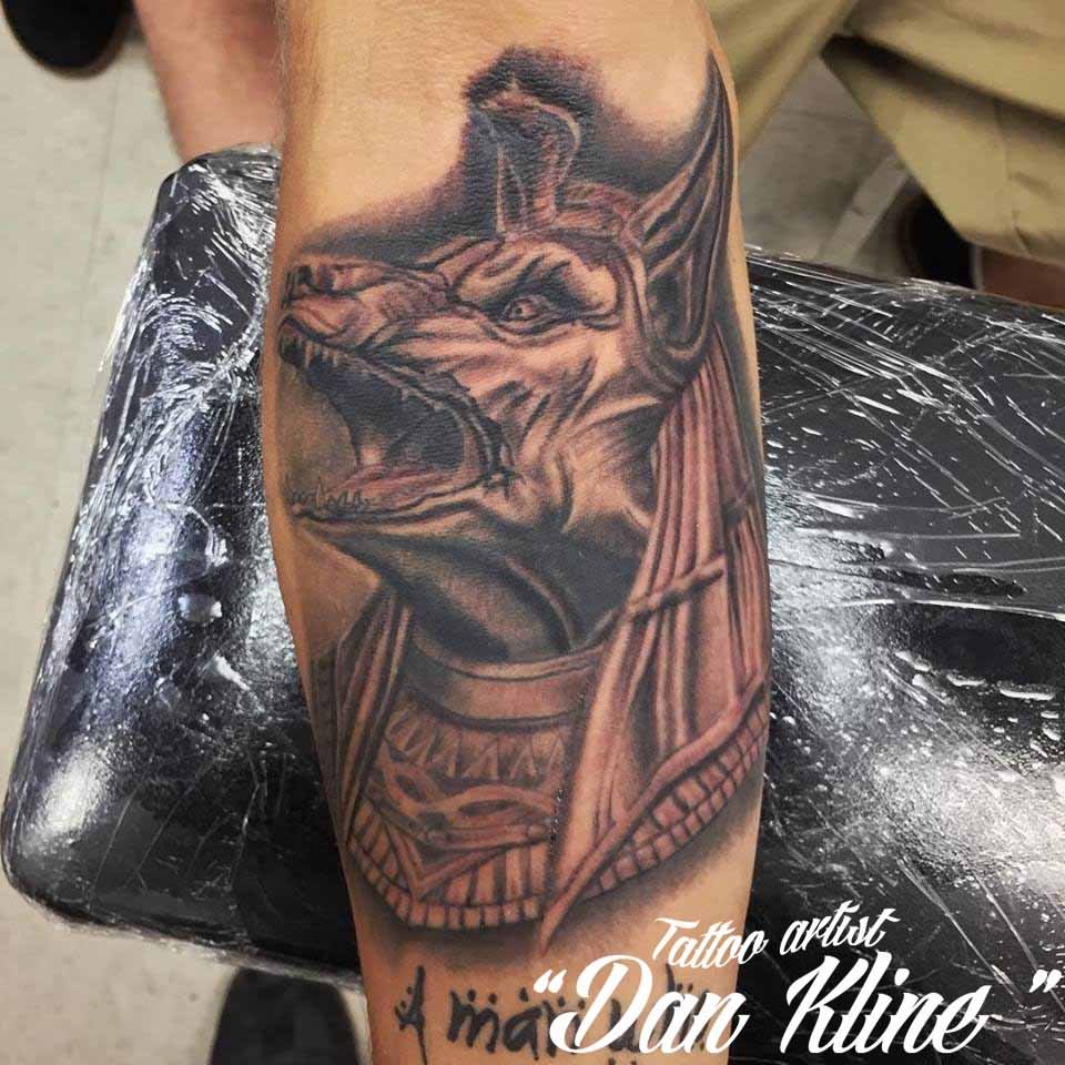 Dark Ink Anubis Head Tattoo On Arm