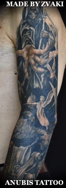 Dark Ink Anubis Tattoo On Full Sleeve by Zvaki