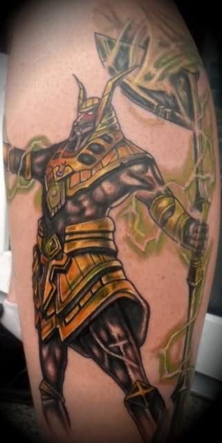 Dark Ink Anubis Tattoo On Leg