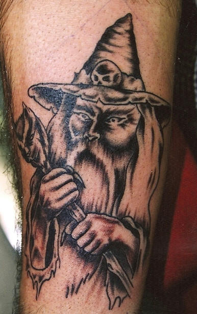 Dark Ink Fantasy Wizard Tattoo On Arm