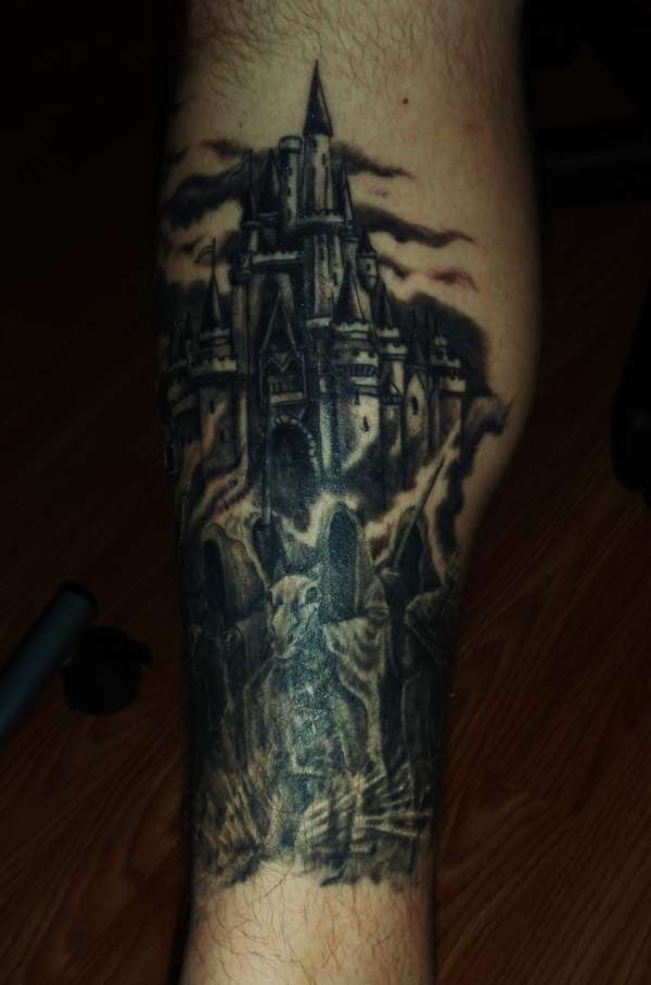 Dark Ink Wizard And Castle Tattoo On Leg