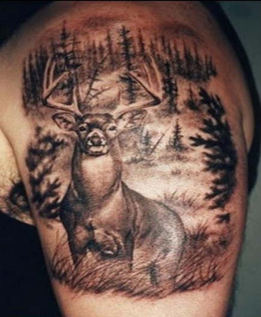 Deer Scenery Tattoo On Shoulder