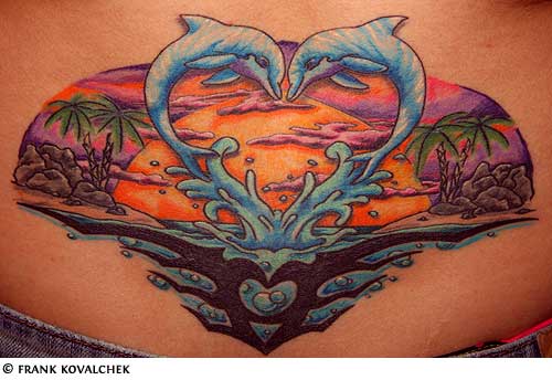 Dolphin Scenery Tattoo Design For Lower Back