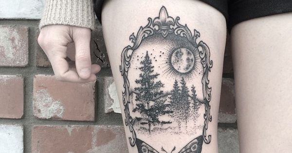 Dotwork Scenery In Frame Tattoo On Girl Thigh