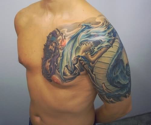 Dragon and Wizard Tattoo On Front Shoulder