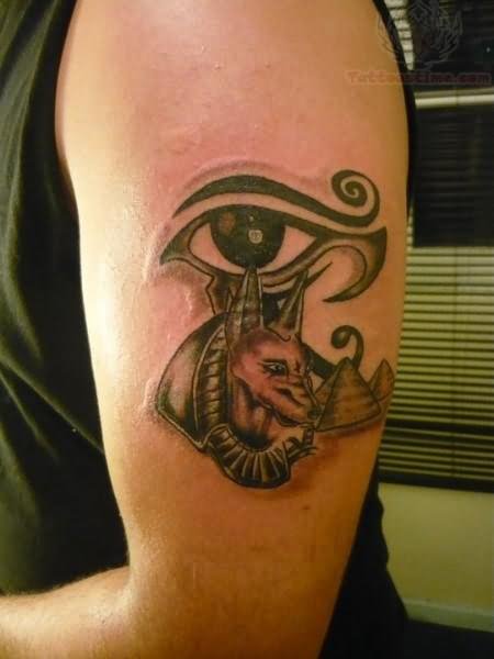 Egyptian Anubis Head And Anubis Eye Tattoo On Left Bicep