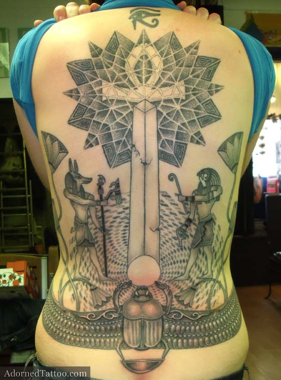 Egyptian Anubis and Horus Tattoos On Full Back