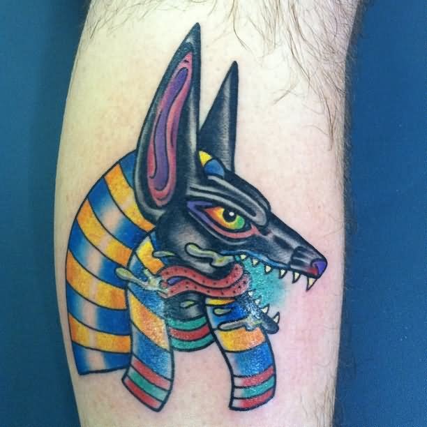 Egyptian Colored Anubis Head Tattoo On Leg