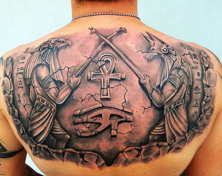 Egyptian Horus With Ankh And Anubis Eye Tattoo On Back