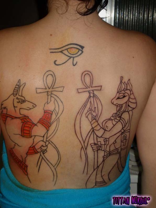 Egyptian Outline Anubis and Horus Tattoo On Back