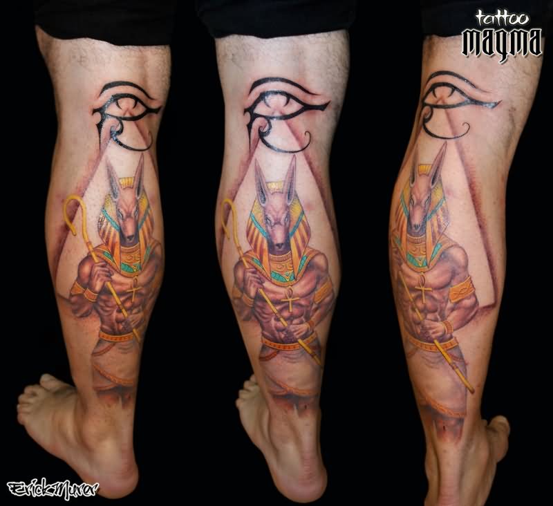 Eye Ra And Anubis Tattoo On Leg Calf