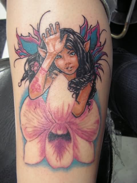 Fairy And Orchid Tattoo On Leg