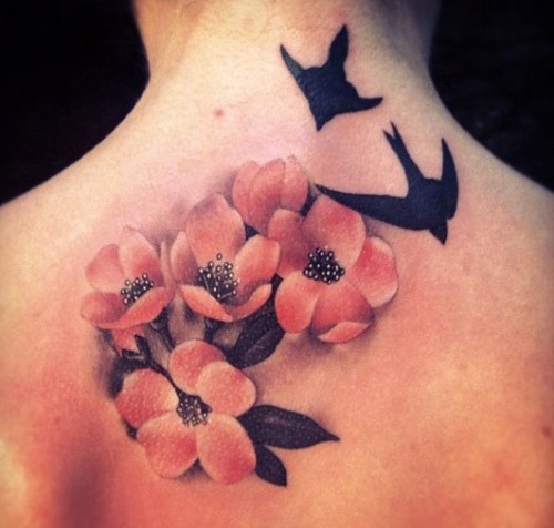 Flying Birds And Orchid Flower Tattoo On Upper Back